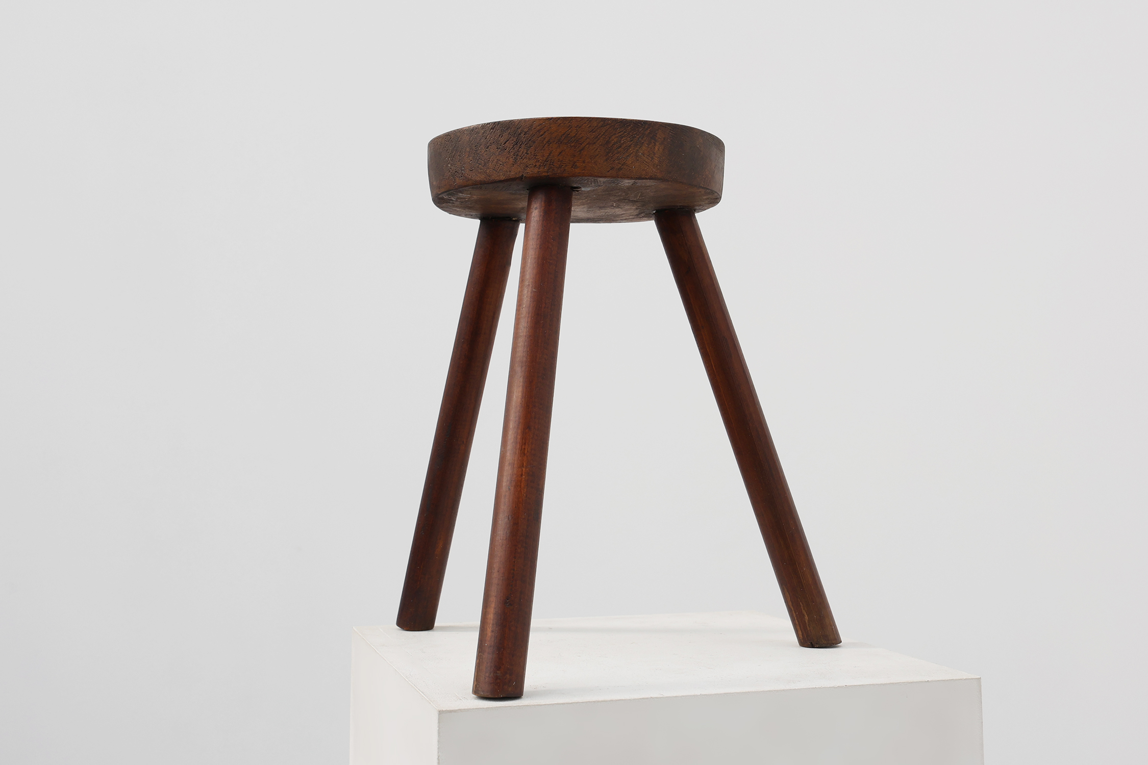 Rustic oak wooden tripod stool, France, ca. 1900thumbnail